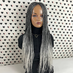 Ready To Ship Ombre Wig Box Braided Wigs For Black Women Handmade Braid Lace Front Wigs Box Braids color Black Grey