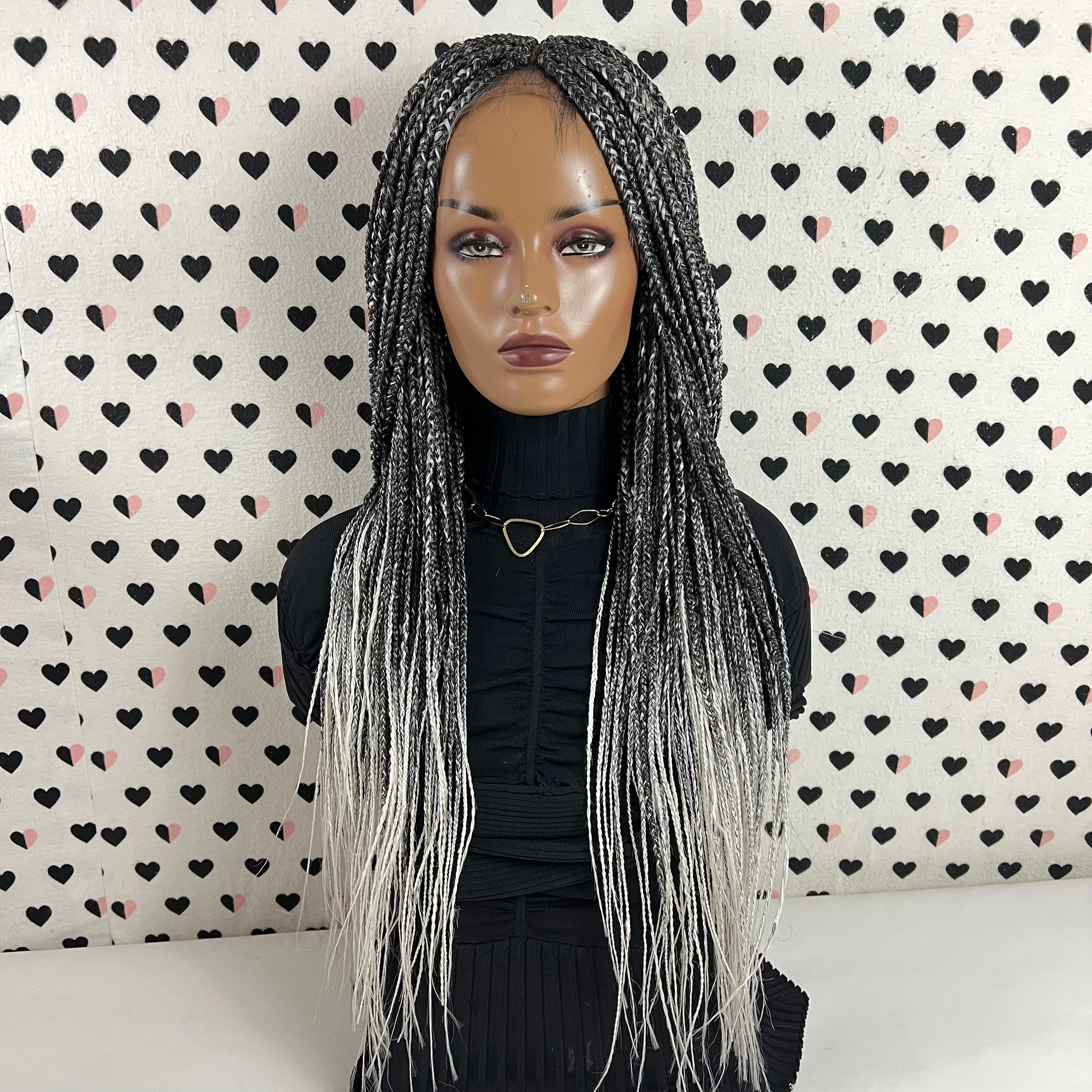 Ready To Ship Ombre Wig Box Braided Wigs For Black Women Handmade Braid Lace Front Wigs Box Braids color Black Grey