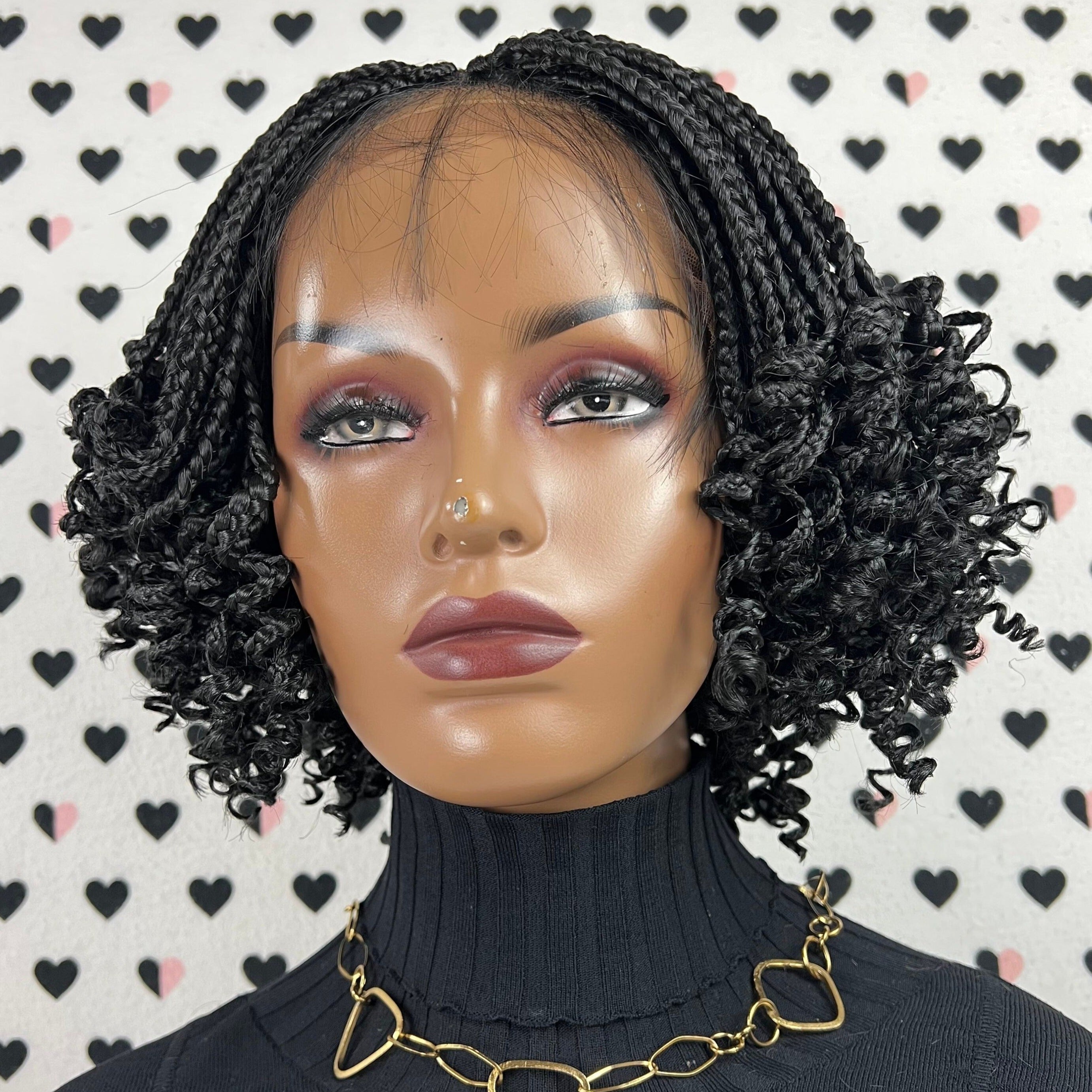 Curly Box Braided Wig For Black Women, Short Curly Hair, Lace Closure Synthetic Lace Front Wig Black