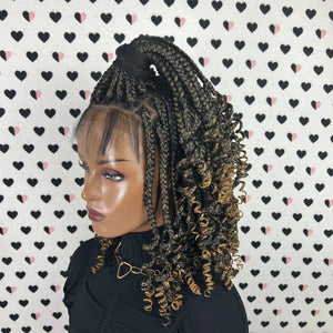 13x4 Lace Frontal Curly Box Braid Curls Braids Braided Lace Front Wig For Black Women 1b/27 Ombre