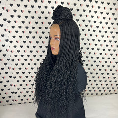 Box Braids Curly Braids Braided Lace Front Wig With Curly Ends, Wavy Waves Long Braid Wigs For Black Women 1b Black
