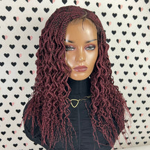 Cornrows Wavy Curly Box Braided Wigs For Black Women Lace Closure Wig Goddess Boho Braid Burgundy Red 16 Inches