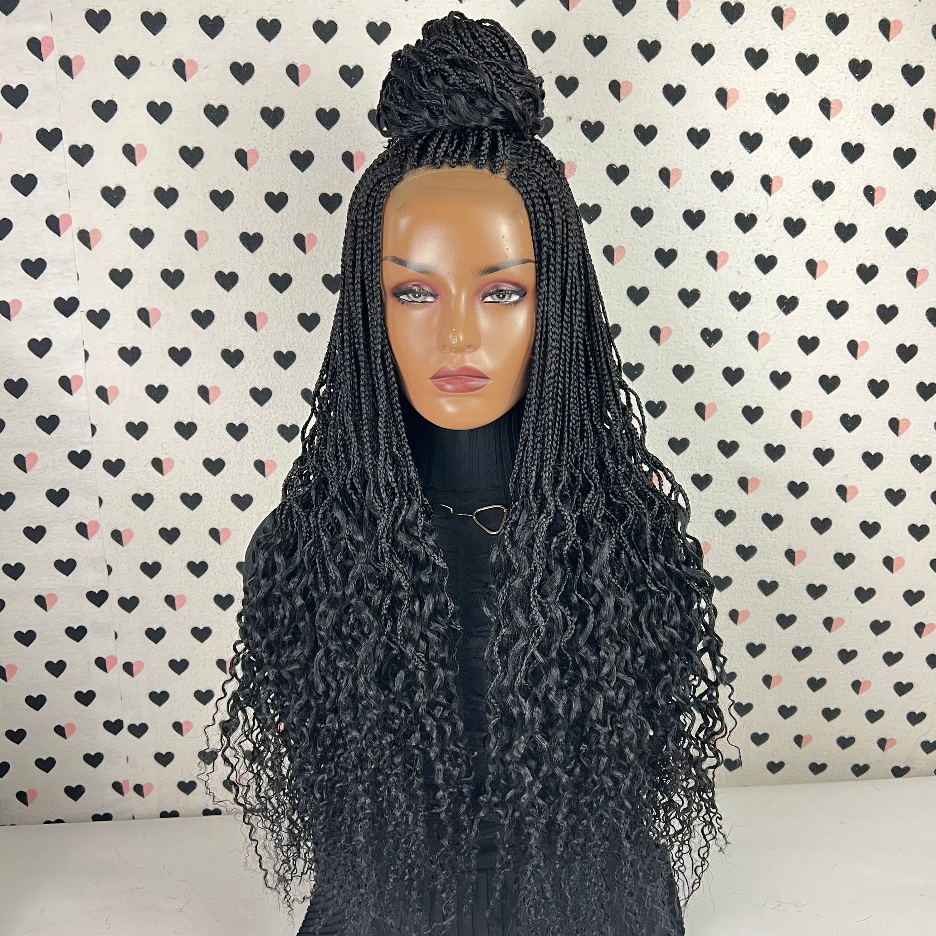 Box Braids Curly Braids Braided Lace Front Wig With Curly Ends, Wavy Waves Long Braid Wigs For Black Women 1b Black