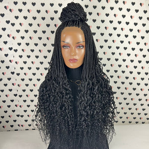 Box Braids Trenzas rizadas Peluca delantera de encaje trenzado con extremos rizados, ondas onduladas Pelucas trenzadas largas para mujeres negras 1b negro