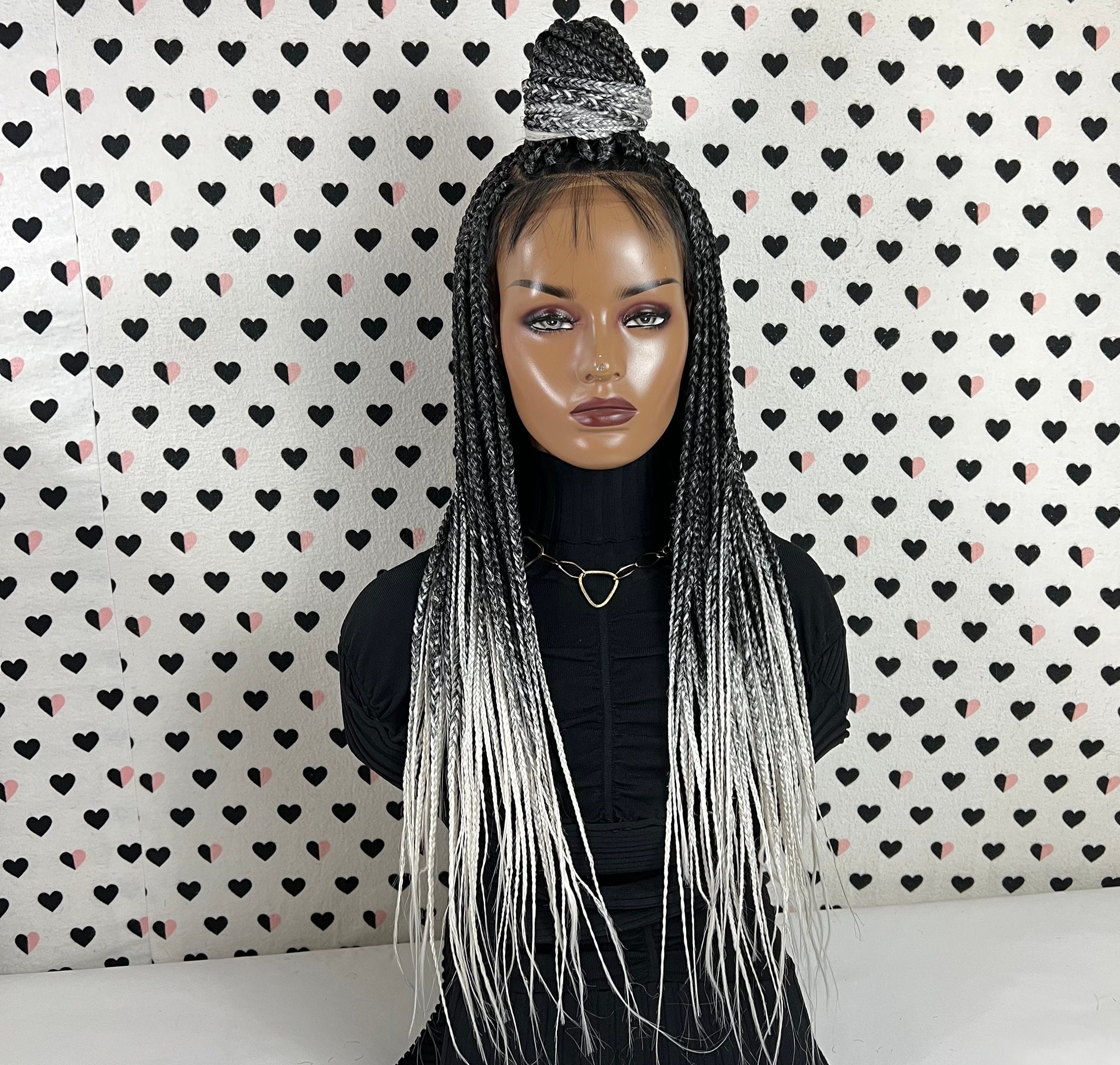 Box Braid Braided Wig For Black Women Handmade Braids Wig Lace Front Wigs Color Black Grey Ombre