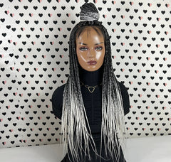 Box Braid Braided Wig For Black Women Handmade Braids Wig Lace Front Wigs Color Black Grey Ombre