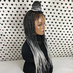 Box Braid Braided Wig For Black Women Handmade Braids Wig Lace Front Wigs Color Black Grey Ombre