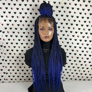 Ready To Ship Box Braided Wig For Black Women Handmade Braid Wig Lace Front Wigs Box Braids Color Black Blue Ombre