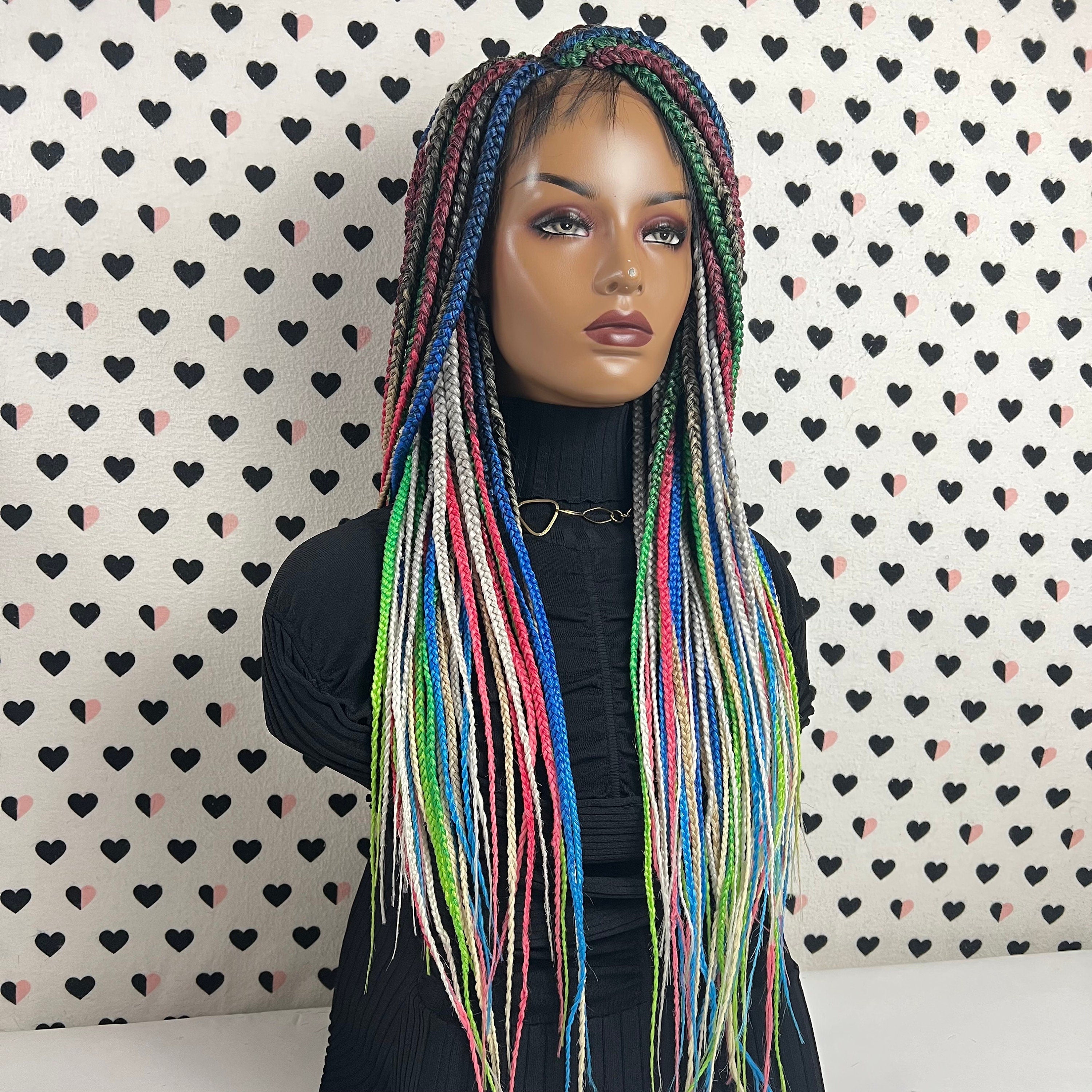 MultiColored Box Braided Wigs Lace Closure Frontal Hand Braided Handmade Braidwigs Box Braids Wig Rainbow Color