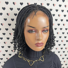 Lace Closure Handmade Box Braids Braided Lace Front Wig With Curly Ends 1b Black