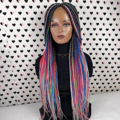 MultiColored Box Braided Wig Lace Closure Frontal Handmade Small Braids Wig