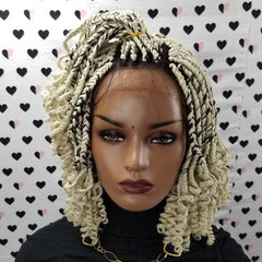 Short Curly Box Braids Braided Lace Front Wig For Black Women Color 613 Black