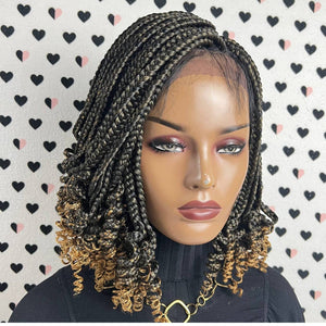 Ready To Ship Box Braid Braided Lace Front Wig With Curly Ends Color 1b/27 Ombre