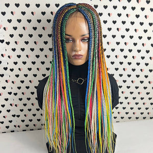 MultiColored Rainbow Box Braided Wigs Lace Closure Frontal Fully Hand Braid Wig