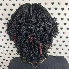 Short Curls Braids Fully Hand Braided Lace Closure Handmade Box Braid Braided Lace Front Wig With Curly Ends 1b Burgundy Red Highlights