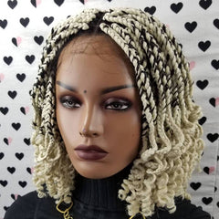 Short Curly Box Braids Braided Lace Front Wig For Black Women Color 613 Black