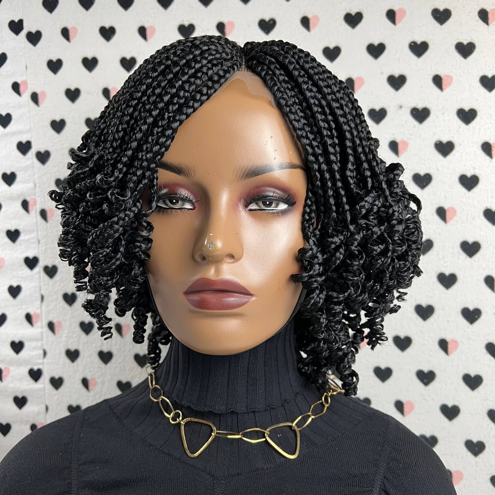 Lace Closure Handmade Box Braids Braided Lace Front Wig With Curly Ends Color 1b Black