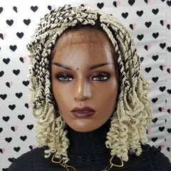Short Curly Box Braids Braided Lace Front Wig For Black Women Color 613 Black