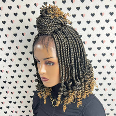 Ready To Ship Box Braid Braided Lace Front Wig With Curly Ends Color 1b/27 Ombre
