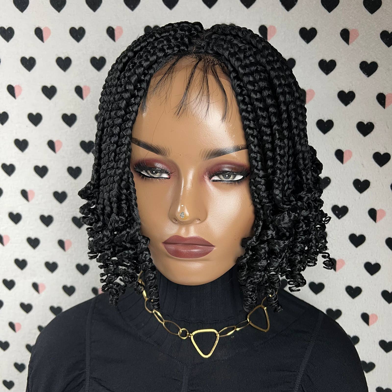 Short Curls Handmade Box Braids Braided Lace Front Wig With Curly Ends 1b Black