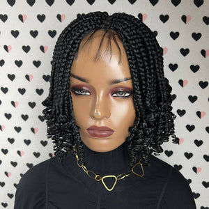 Peluca delantera de encaje trenzado con trenzas de caja hechas a mano con rizos cortos con extremos rizados 1b negro