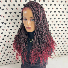 Goddess Box Braids Lace Frontal Braided Wig With Curly Waves Color 1b/Bug Ombre