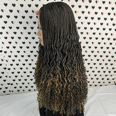 Wavy Curls Box Braid Braided Lace Front Frontal Wig With Curly Ends 1b/27 Ombre