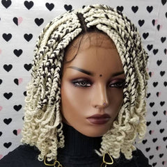 Short Curly Box Braids Braided Lace Front Wig For Black Women Color 613 Black