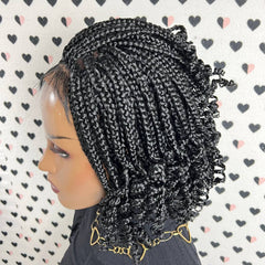 Short Curls Handmade Box Braids Braided Lace Front Wig With Curly Ends Color 1b Black