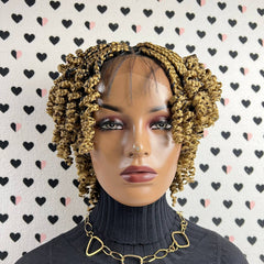 Short Curls Curly Box Braids Braided Lace Front Wig For Black Women Colors 27 Golden Blond Mixed With Black