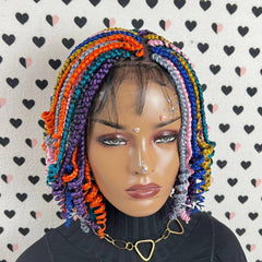 Multicolor Short Curls Curly Box Braids Braided Lace Front Wig For Black Women