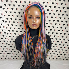 Multicolor Rainbow Box Braided Wigs Lace Closure Frontal Hand Braided Handmade