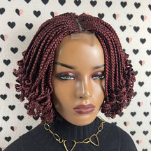 Fully Hand Braided Cornrows Braids Lace Closure Handmade Box Braid Curls Braided Lace Wig With Short Curly Ends Color Burgundy Red