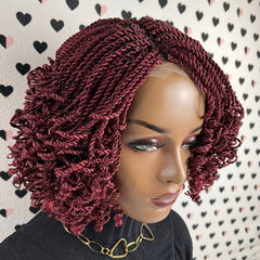 Small Braids Twist Short Curly Braid Twisted Braided Wig Color Burgundy Red