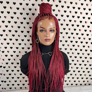 Peluca trenzada hecha a mano con encaje frontal, trenzas de caja pequeña, peluca con malla frontal roja de 24 pulgadas
