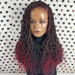 Goddess Box Braids Lace Frontal Braided Wig With Curly Waves Color 1b/Bug Ombre