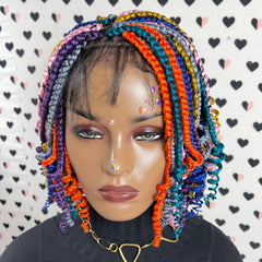 Multicolor Short Curls Curly Box Braids Braided Lace Front Wig For Black Women