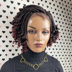 Handmade Box Braids Short Curly Braided Lace Front Wig With Curls 1b / Red Ombre