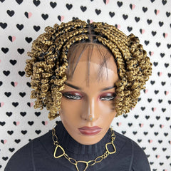 Short Curls Curly Box Braids Braided Lace Front Wig For Black Women Colors 27 Golden Blond Mixed With Black