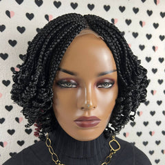 Short Curls Braids Fully Hand Braided Lace Closure Handmade Box Braid Braided Lace Front Wig With Curly Ends 1b Burgundy Red Highlights