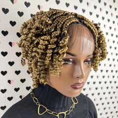 Short Curls Curly Box Braids Braided Lace Front Wig For Black Women Colors 27 Golden Blond Mixed With Black