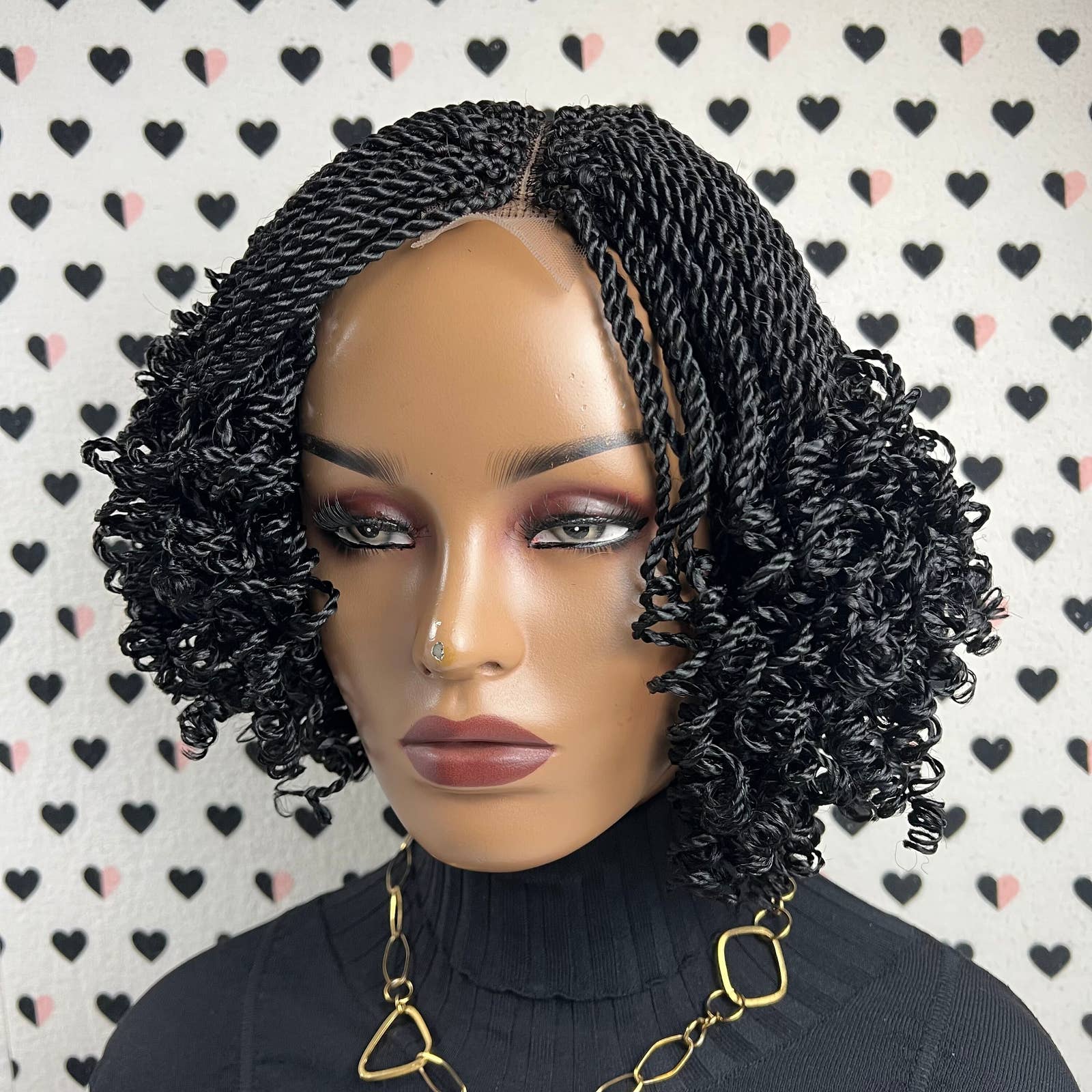Handmade Short Twist Braid Twisted Braids Braided Lace Front Wig With Curly Ends