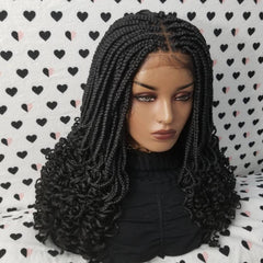 Curly Box Braided Wig For Black Women Lace Closure Goddess Box Braids Lace Front Wig Color 1b Black