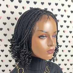 Lace Closure Handmade Box Braids Braided Lace Front Wig With Curly Ends 1b Black