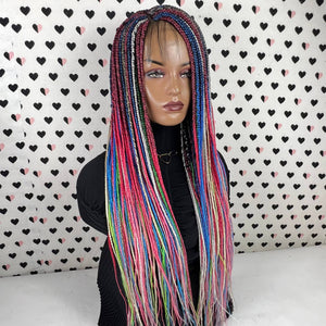 Peluca trenzada en caja multicolor con cierre de encaje, peluca con trenzas pequeñas hechas a mano frontal