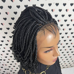 Lace Closure Handmade Box Braids Braided Lace Front Wig With Curly Ends 1b Black