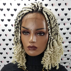 Short Curly Box Braids Braided Lace Front Wig For Black Women Color 613 Black