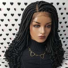 Curly Box Braided Wig For Black Women Lace Closure Goddess Box Braids Lace Front Wig Color 1b Black