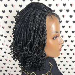 Lace Closure Handmade Box Braids Braided Lace Front Wig With Curly Ends 1b Black