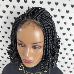 Short Curls Handmade Box Braids Braided Lace Front Wig With Curly Ends Color 1b Black